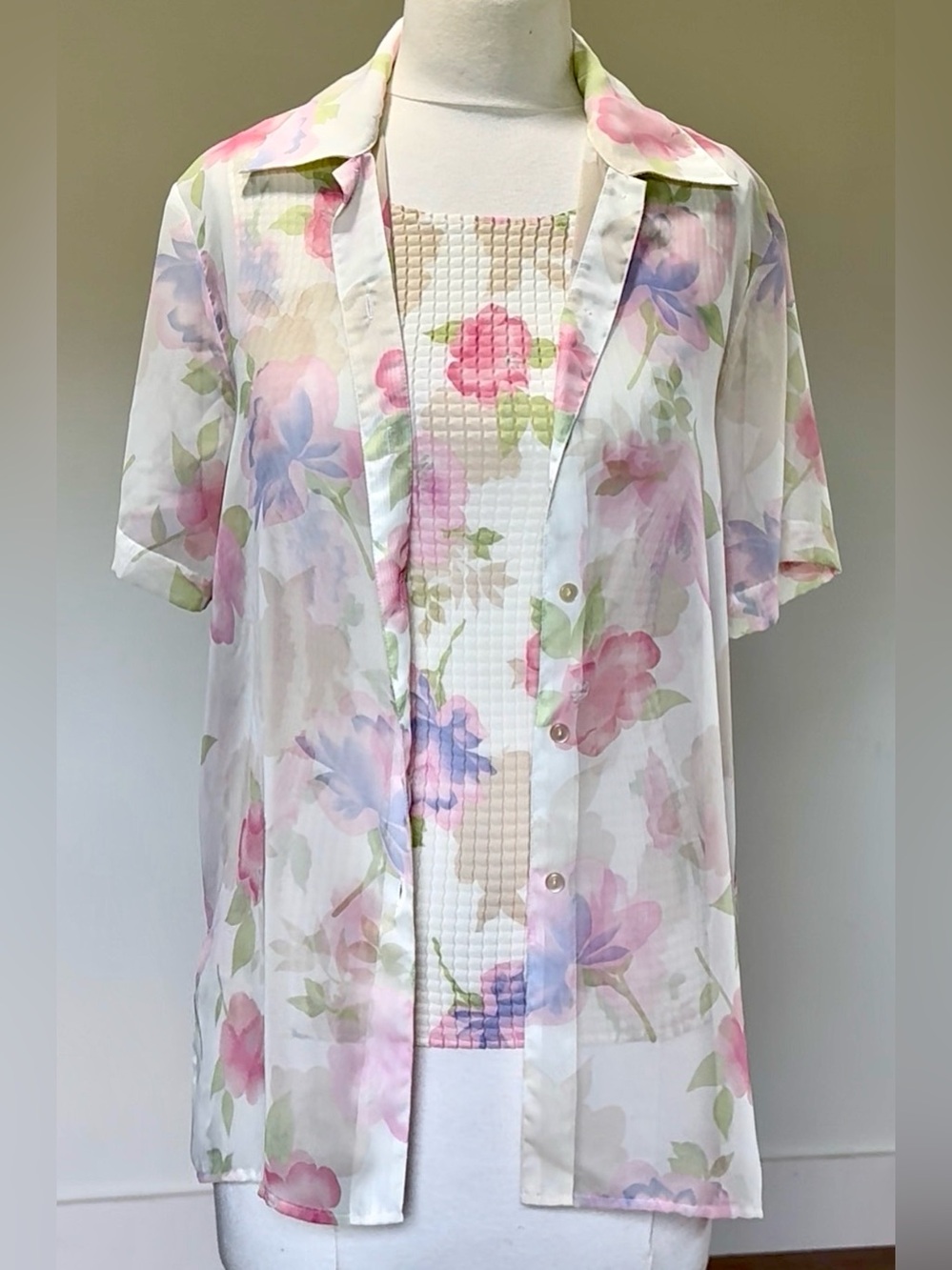 ❤️ Notations S  2pc Set Floral Sheer Shirt + Stretch Tank Top 90s Y2K Vintage
